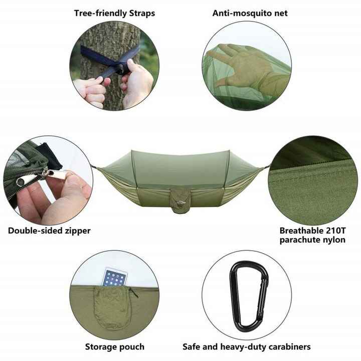 Dark Green Automatic Pop-Up Mosquito Net Hammock â€“ 200kg Load Capacity, Lightweight Outdoor Camping Gear with Quick Setup and Durable Design