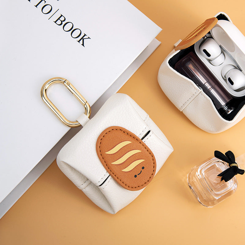 Bread Pattern White Cute Multifunctional Mini Leather Coin Purse with Keychain for Lipstick, Bluetooth Earbuds, and Small Essentials