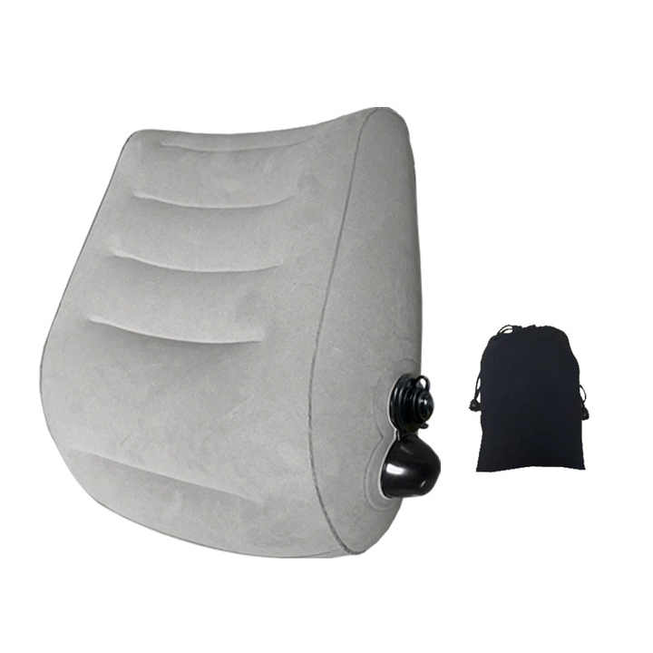 Grey Portable Press-to-Inflate Travel Lumbar Cushion  Lightweight, Supportive Backrest for Flights, Trains, and Office Use