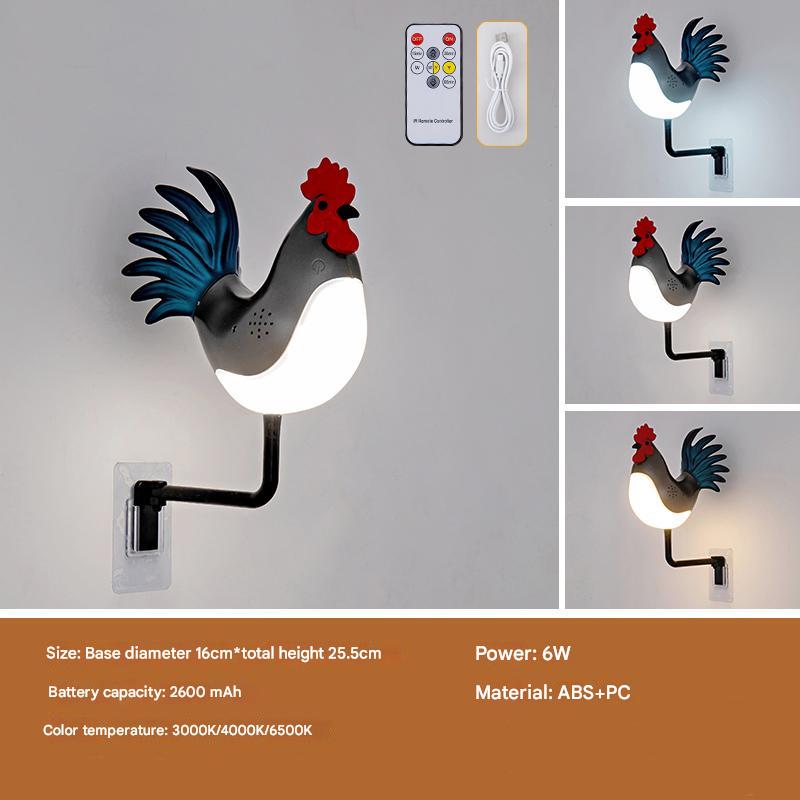 Grey USB Rechargeable Rooster Wall Lamp with Sound, Aromatherapy, and Decorative Design â€“ Creative Nightlight for Bedroom and Corridor