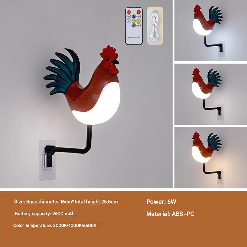 Red USB Rechargeable Rooster Wall Lamp with Sound, Aromatherapy, and Decorative Design - Creative Nightlight for Bedroom and Corridor