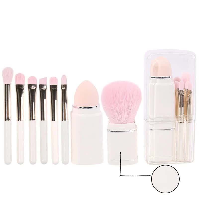 White 8-in-1 Retractable Mini Makeup Brush Set with Protective Cover  Compact Design for Travel and On-the-Go Touchups