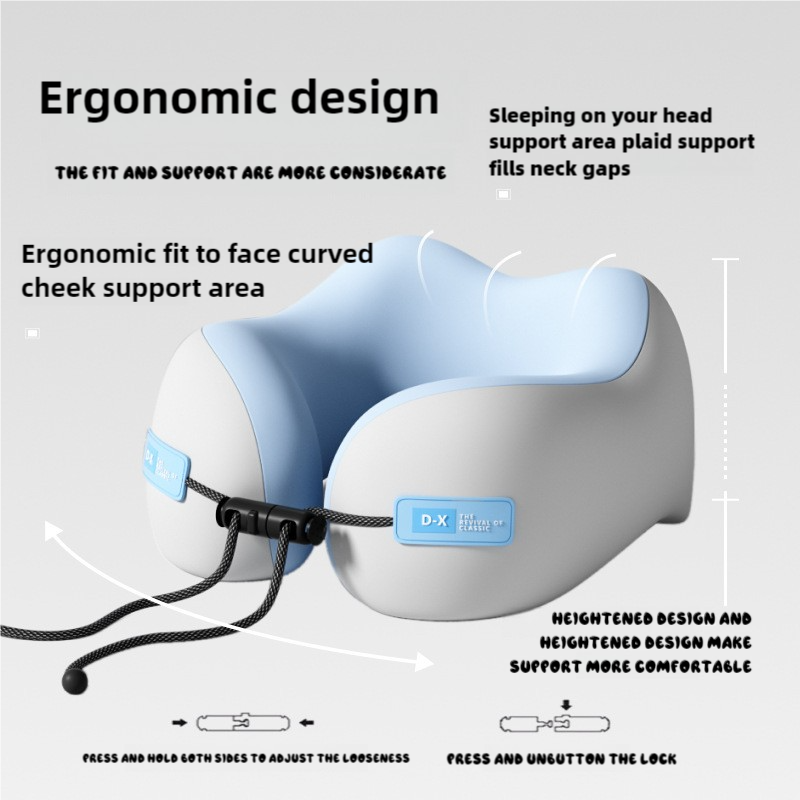 Blue And Grey Portable U-Shaped Memory Foam Travel Pillow  Ergonomic Neck Support for Airplane, Car, Office  Lightweight & Compact with Storage Box