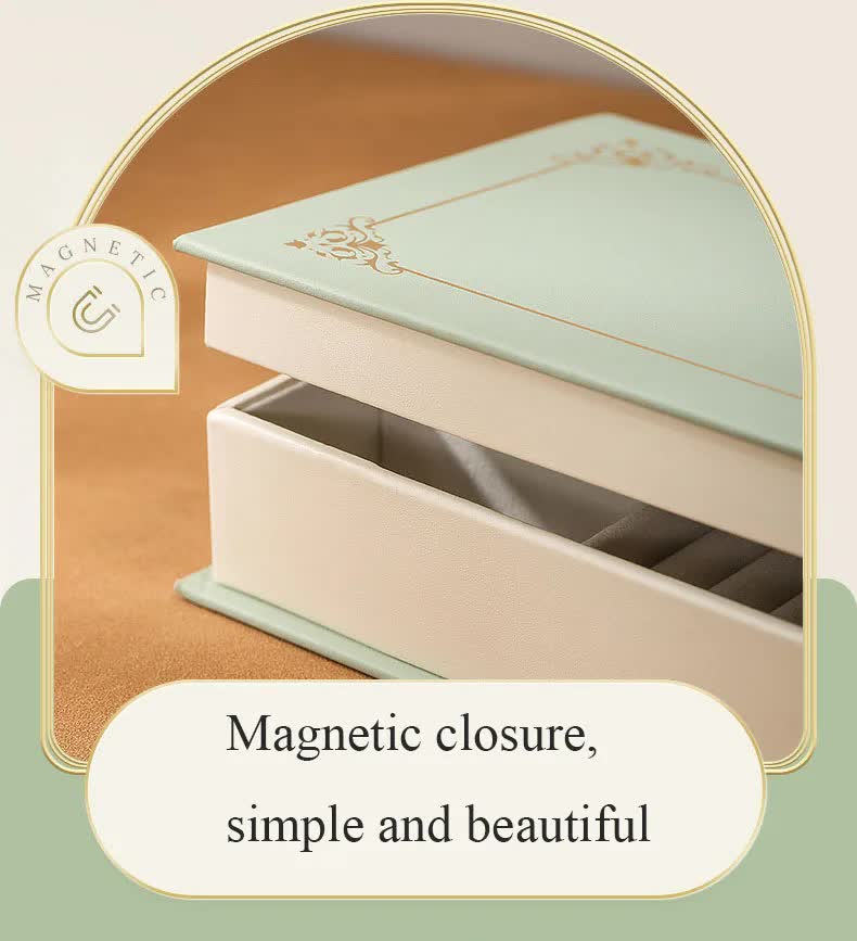 Light Green Creative PU Jewelry Storage Book - Magnetic Closure Organizer for Earrings, Rings, and NecklacesThe Jewelry is a prop for the photo shoot and is not included