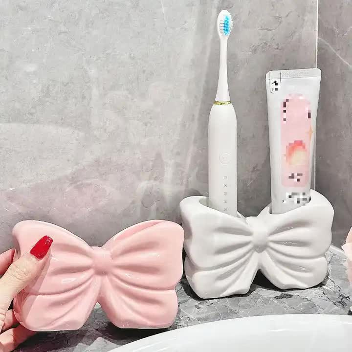 Pink Creative Ceramic Bowknot Toothbrush Holder - Elegant Bathroom Storage for Electric Toothbrush and Toothpaste