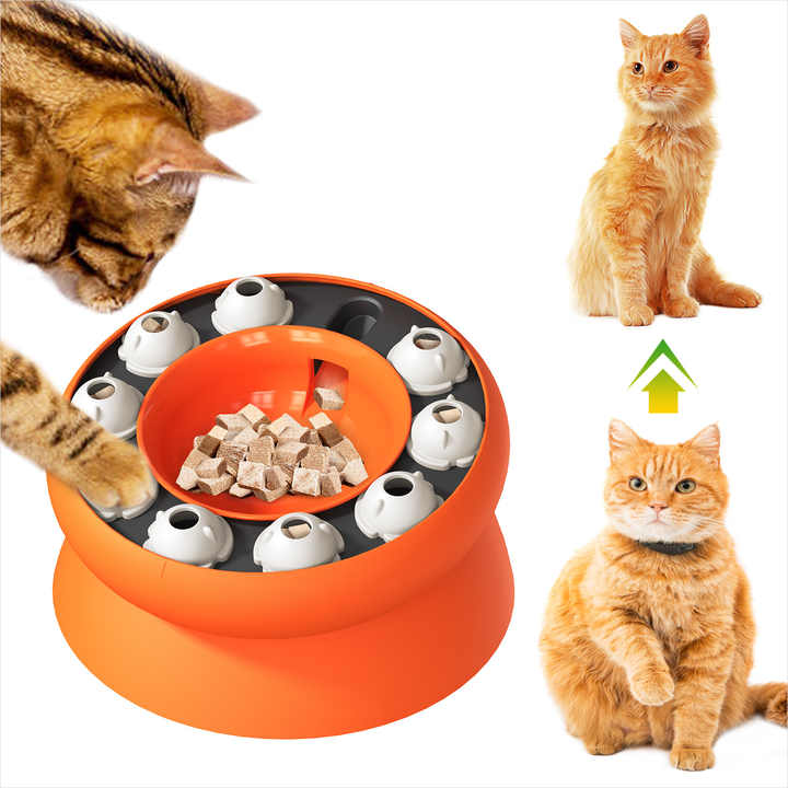 Orange Interactive Slow Feeder Cat Bowl 15° Tilt Design, Puzzle Feeder for Healthy Eating