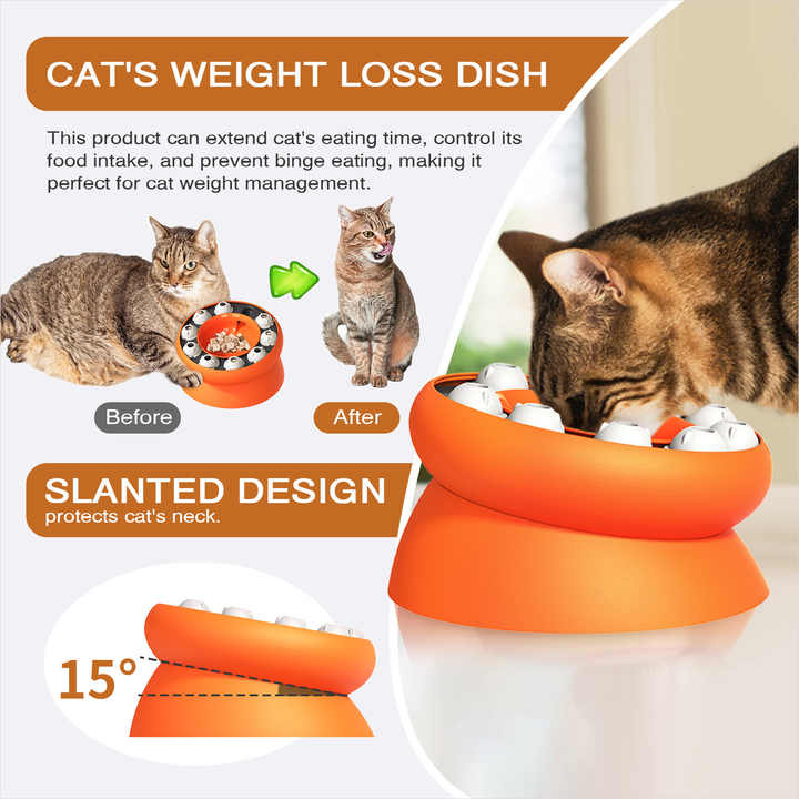 Orange Interactive Slow Feeder Cat Bowl 15° Tilt Design, Puzzle Feeder for Healthy Eating