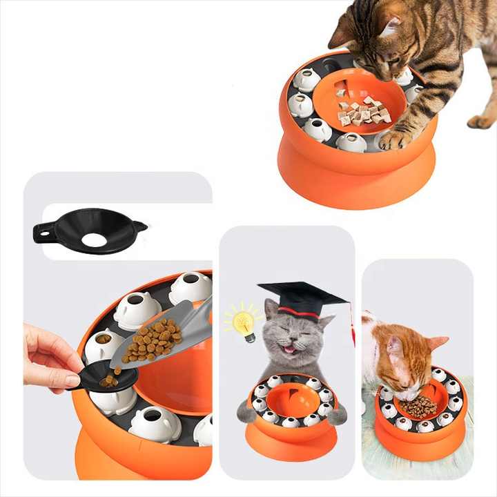 Orange Interactive Slow Feeder Cat Bowl 15° Tilt Design, Puzzle Feeder for Healthy Eating