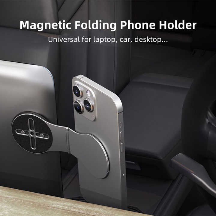 Black Magnetic Foldable Phone Stand â€“ Universal Aluminum Alloy Desktop & Tesla Car Mount, Compact and Lightweight Design