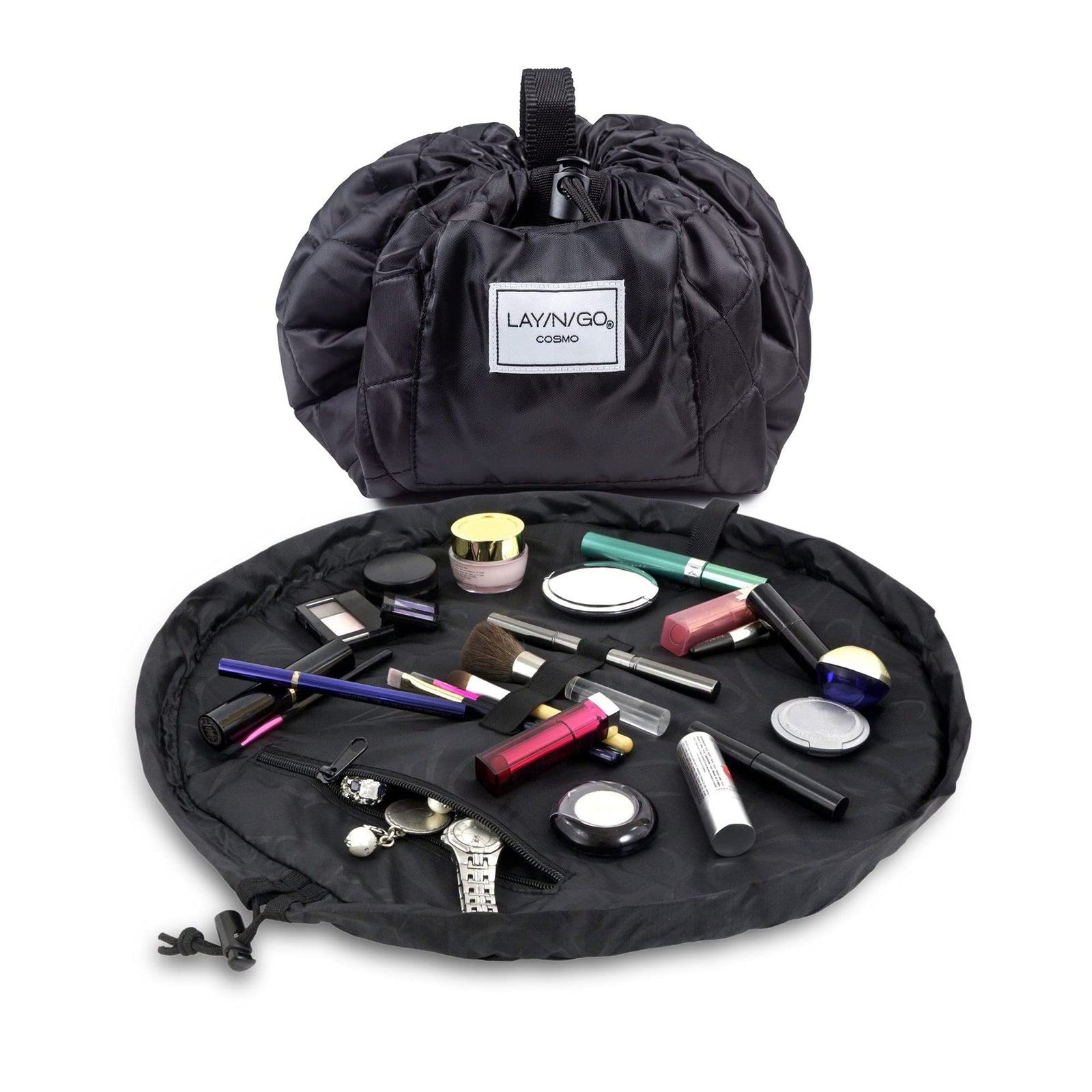Black Portable Drawstring Cosmetic Storage Bag for Travel and Daily UseCosmetics pictured are photo props and are not included