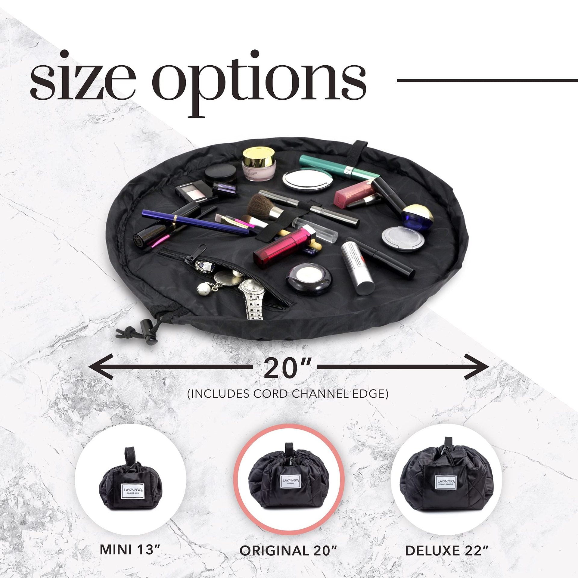 Black Portable Drawstring Cosmetic Storage Bag for Travel and Daily UseCosmetics pictured are photo props and are not included