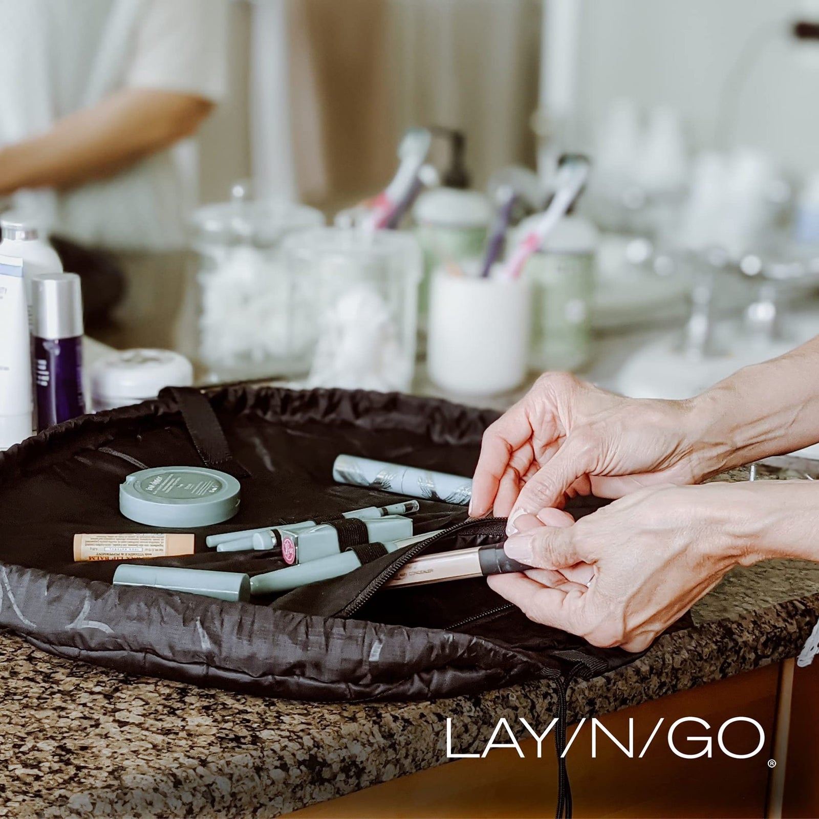 Black Portable Drawstring Cosmetic Storage Bag for Travel and Daily UseCosmetics pictured are photo props and are not included