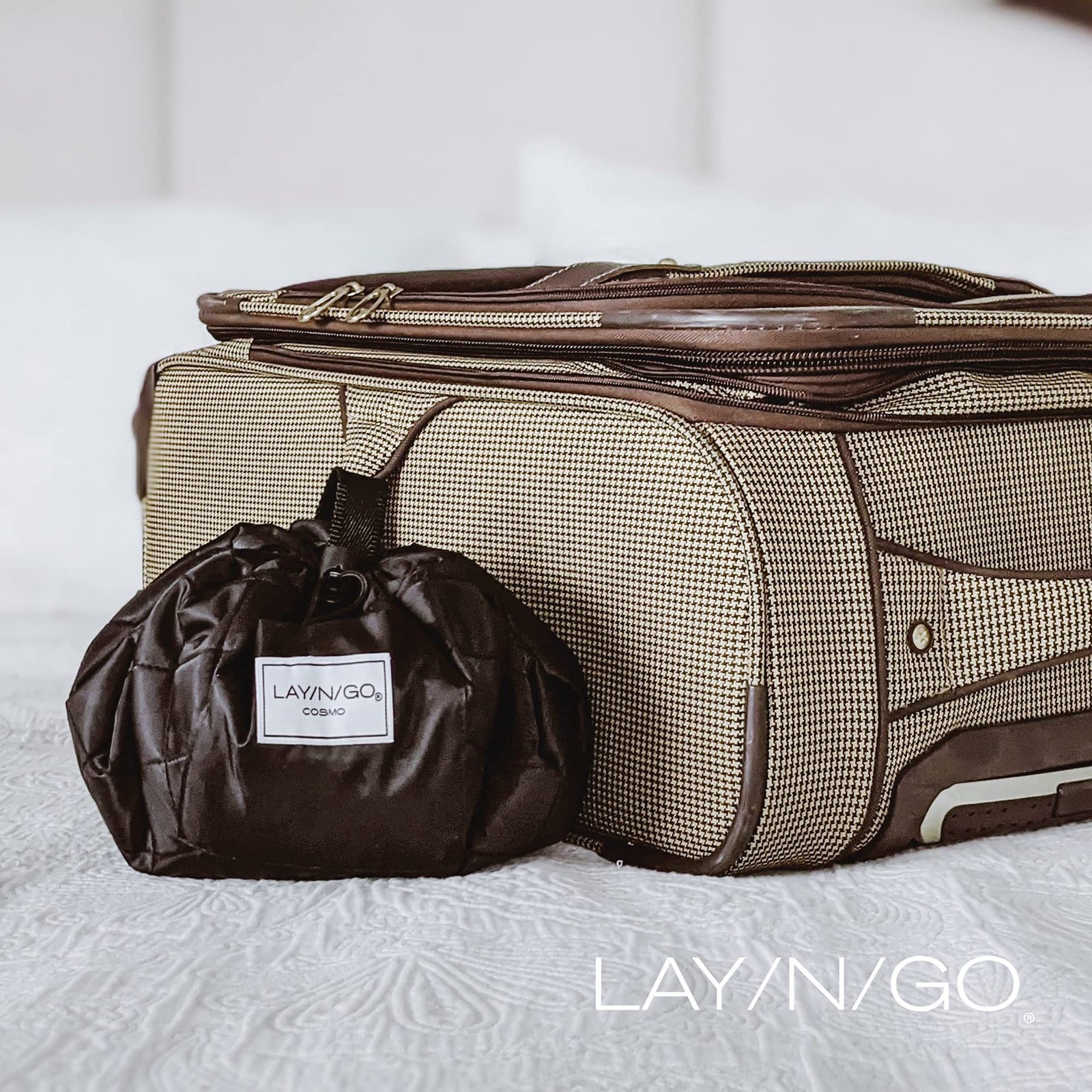 Black Portable Drawstring Cosmetic Storage Bag for Travel and Daily UseCosmetics pictured are photo props and are not included