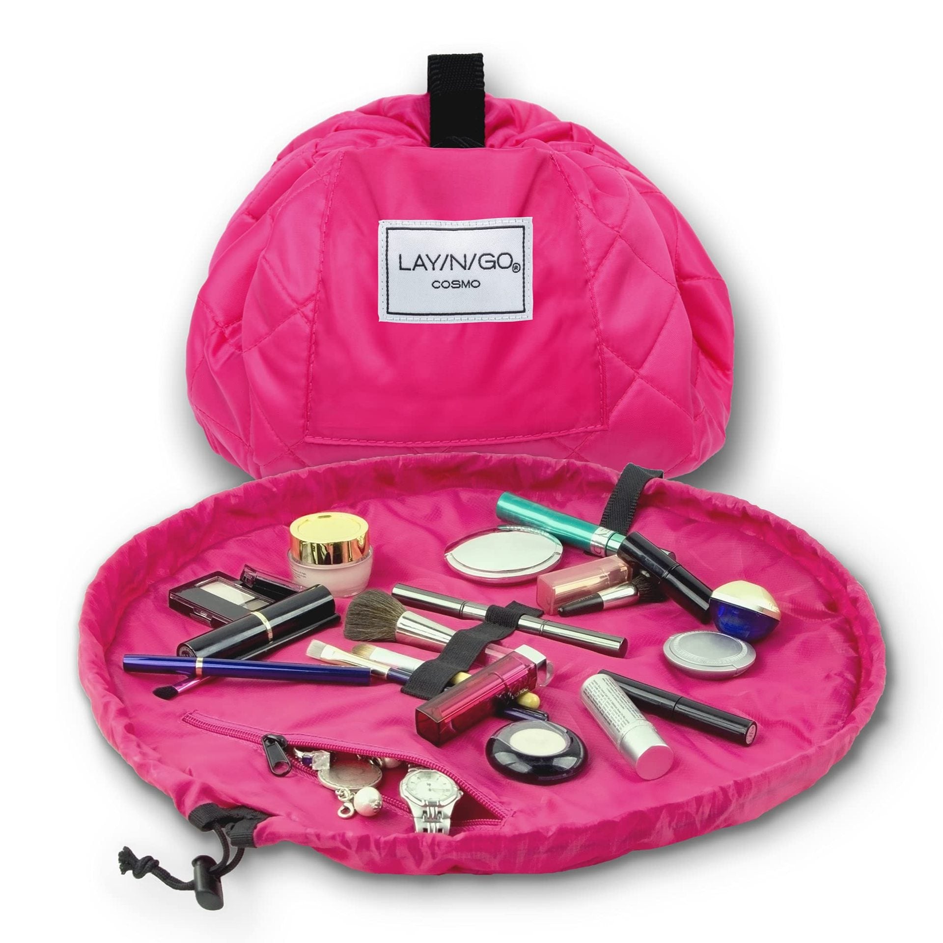 Pink Portable Drawstring Cosmetic Storage Bag for Travel and Daily UseCosmetics pictured are photo props and are not included