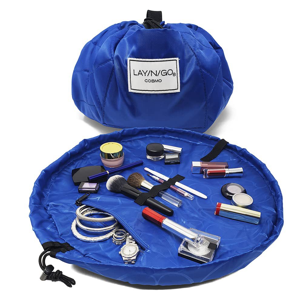 Blue Portable Drawstring Cosmetic Storage Bag for Travel and Daily UseCosmetics pictured are photo props and are not included
