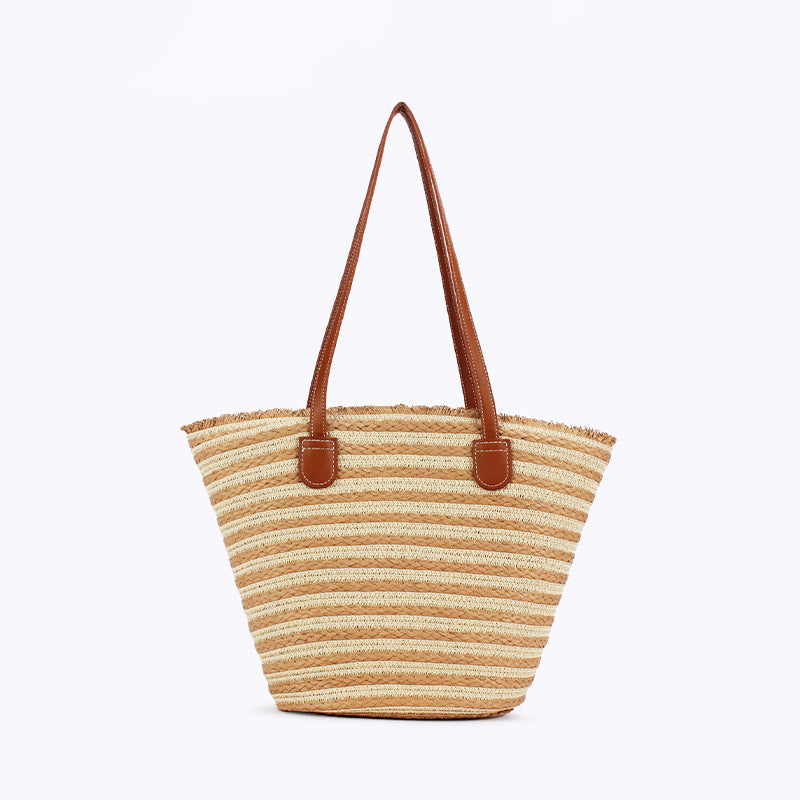 White And Yellow Stripes Handmade Large Capacity Striped Beach Tote Bag with Zipper and Inner Pocket - Summer Vacation Woven Shoulder Bag for Women