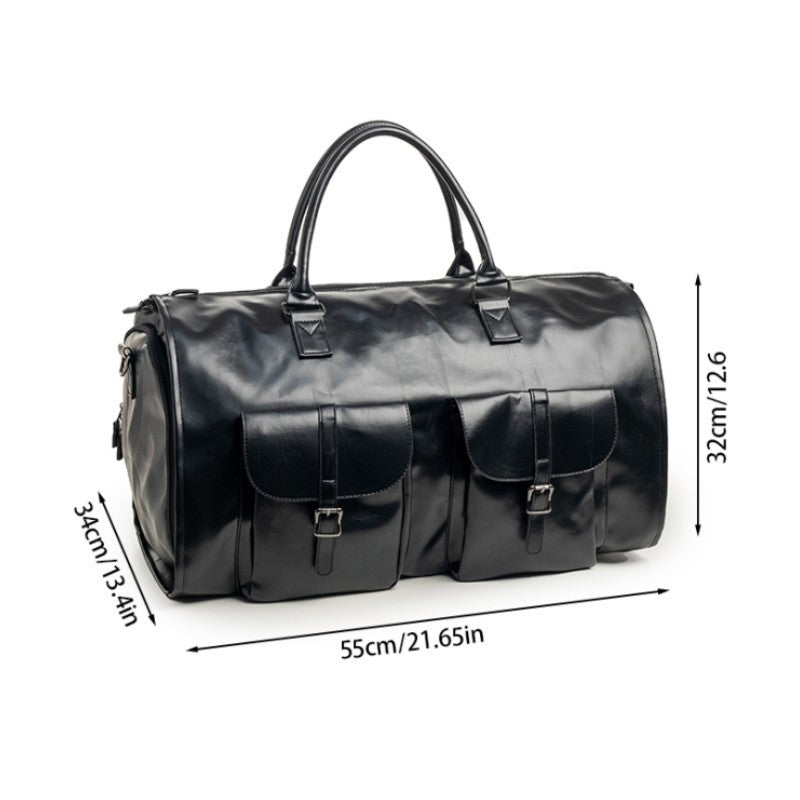 Black PU Leather Travel Duffel Bag - Multifunctional Overnight Gym Bag with Spacious Compartments