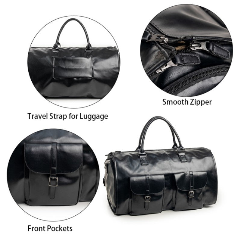 Black PU Leather Travel Duffel Bag - Multifunctional Overnight Gym Bag with Spacious Compartments