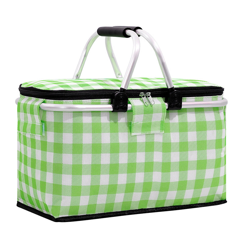 Insulated Picnic Basket with Aluminum Frame - Portable Collapsible Cooler Bag 18L 40*20*23cmGreen plaid