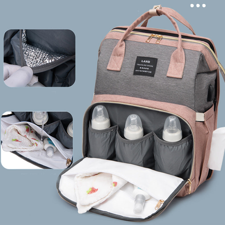 Multifunctional Diaper Backpack with Mosquito Net and Insulated Pockets - Pink and Grey