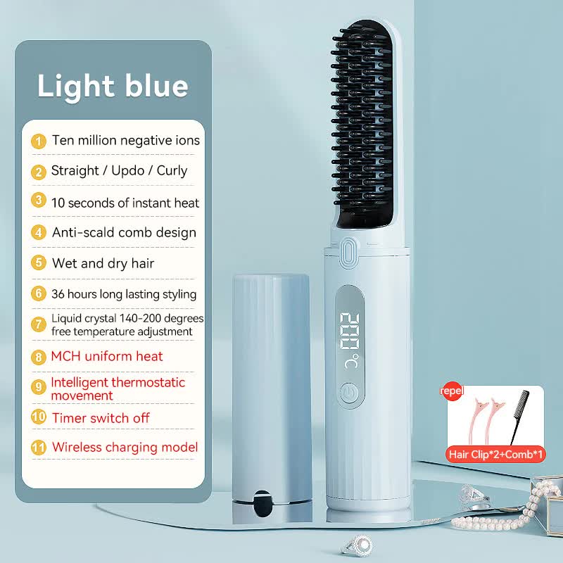 Cordless Hair Straightener Brush with Adjustable Temperature - Blue