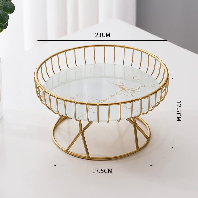 Elegant Iron Art Glass Serving Tray（White Glass – Round Design with Gold Finish