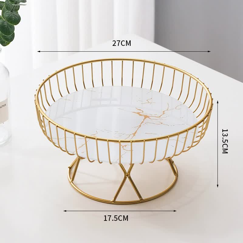 Elegant Iron Art Glass Serving TrayWhite Glass - Round Design with Gold Finish 27*13.5*17.5cm