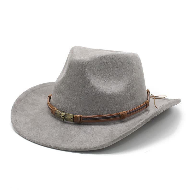 Gray Unisex Faux Suede Western Cowboy Hat - Wide Brim Vintage Fedora for Outdoor Travel,M(57-58cm)