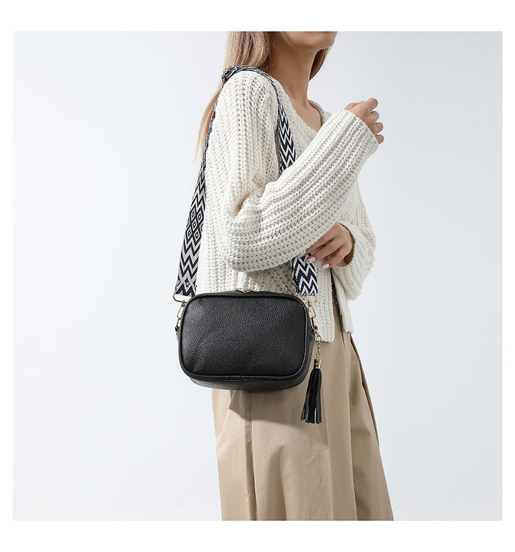 White Trendy Crossbody Shoulder Bag with Tassel Accent - Compact and Stylish