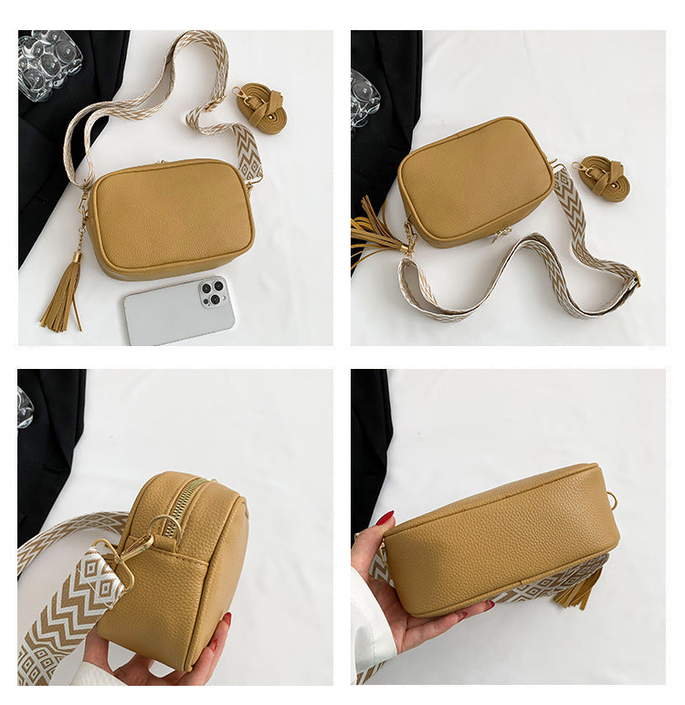 Khaki Trendy Crossbody Shoulder Bag with Tassel Accent - Compact and Stylish