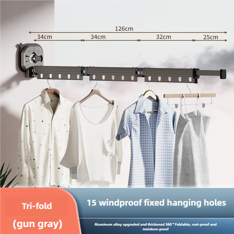 Grey Wall-Mounted Foldable Clothes Drying Rack - 3-Section Aluminum with 15 Windproof Hooks