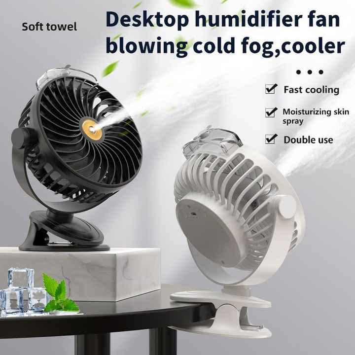 Black Portable Clip-On Mist Fan - Rechargeable Cooling Fan with Adjustable Spray Modes