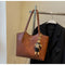 Brown Elegant Black PU Leather Tote Bag with Cute Bear Keychain - Large Capacity Handbag for Women 38 x 26 x 13 cm
