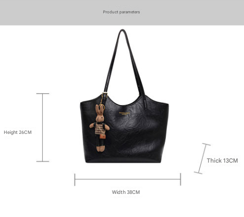 Coffee Brown Elegant Black PU Leather Tote Bag with Cute Bear Keychain - Large Capacity Handbag for Women 38 x 26 x 13 cm