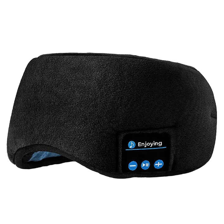 Black Bluetooth 5.0 Wireless Sleep Eye Mask - Soft Plush Eye Cover with Built-in Speakers 13 x 16.5 x 6 cm