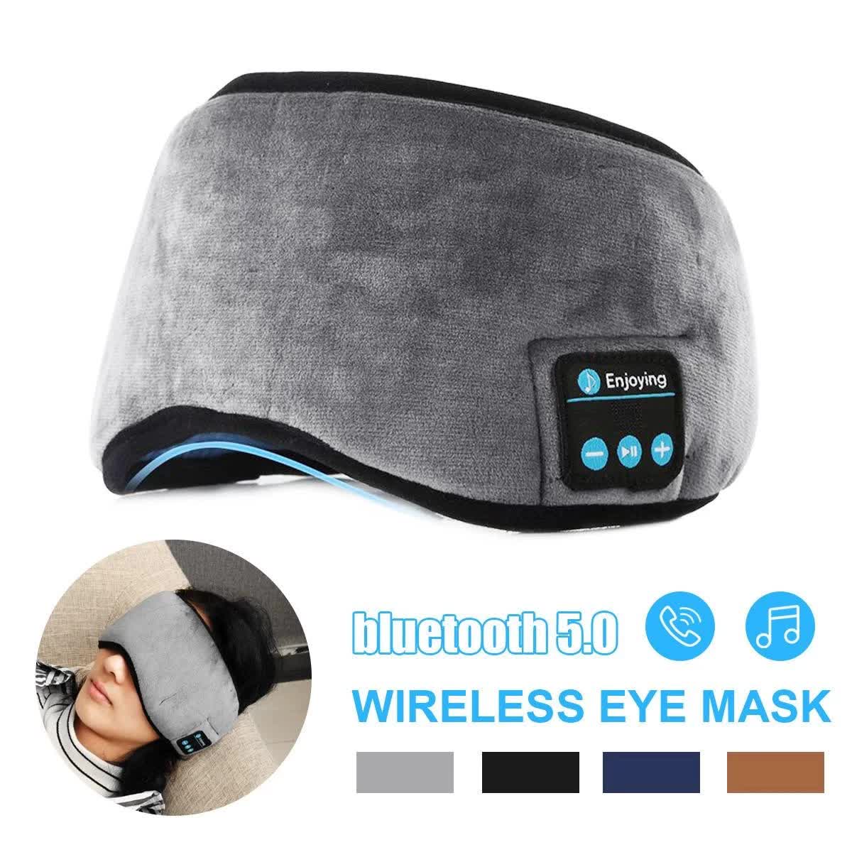 Black Bluetooth 5.0 Wireless Sleep Eye Mask - Soft Plush Eye Cover with Built-in Speakers 13 x 16.5 x 6 cm