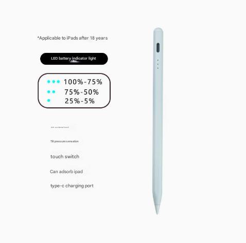 White Stylus Pen for iPad 2018 & Later - Tilt Pressure, Magnetic Attachment, LED Battery Indicator, Type-C Rechargeable