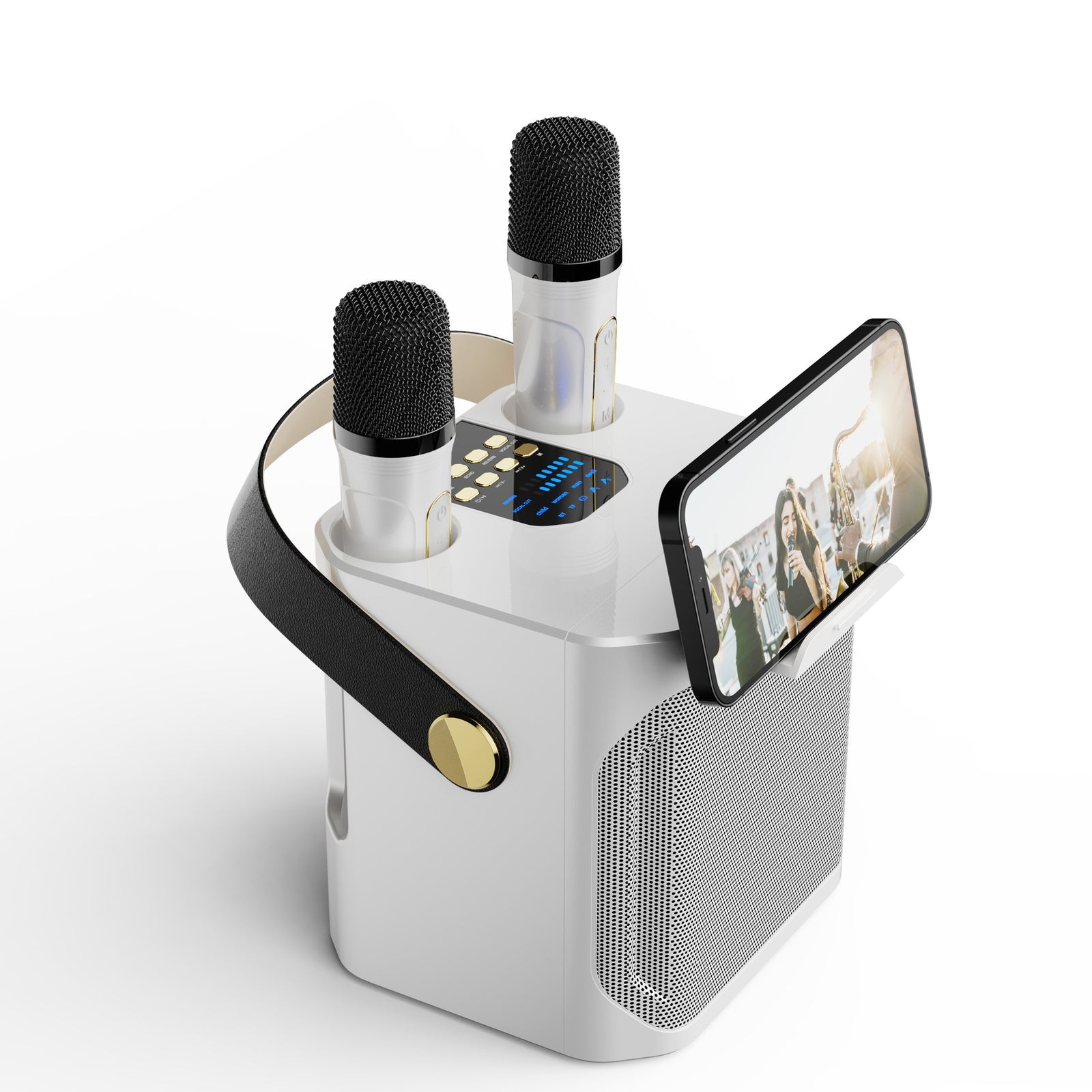 White Portable Karaoke Machine with Dual Wireless Microphones and Smartphone Holder