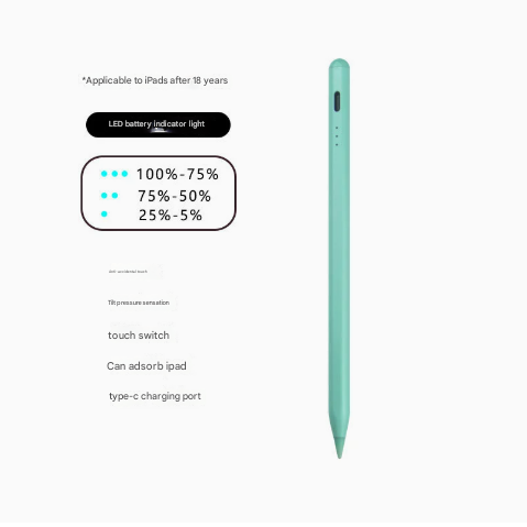 Green Stylus Pen for iPad 2018 & Later - Tilt Pressure, Magnetic Attachment, LED Battery Indicator, Type-C Rechargeable