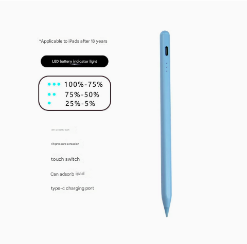 Blue Stylus Pen for iPad 2018 & Later - Tilt Pressure, Magnetic Attachment, LED Battery Indicator, Type-C Rechargeable