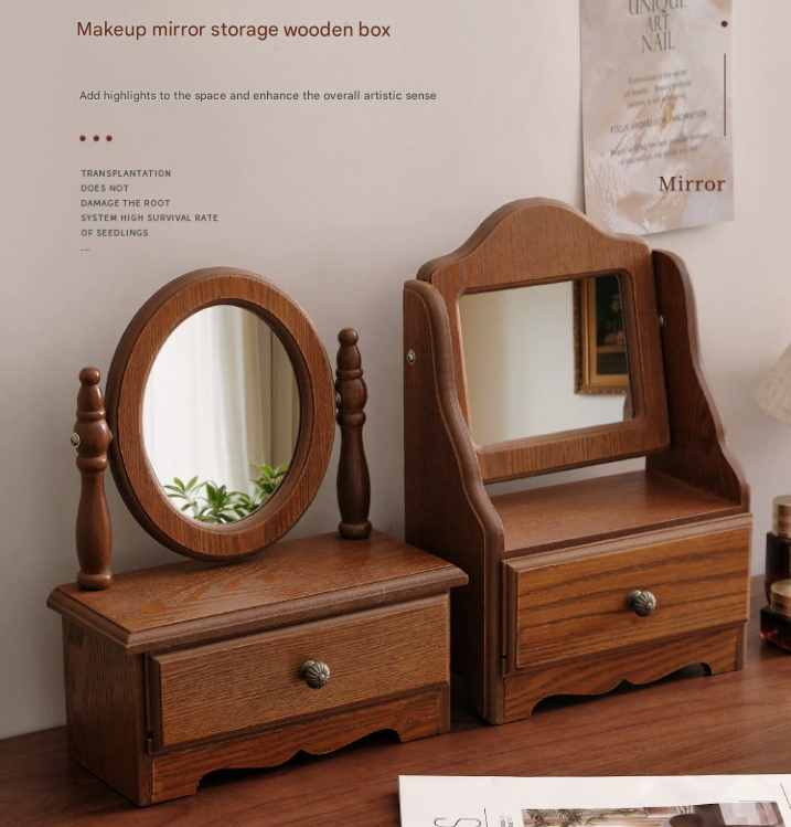 Square-shaped Wooden Tabletop Vanity Mirror, Elegant Design