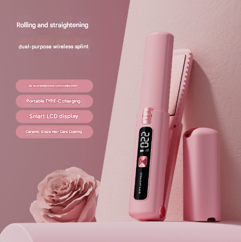 Pink Portable Two-in-One Wireless Hair Straightener and Curler with Six Temperature Settings and Intelligent Liquid Crystal Display