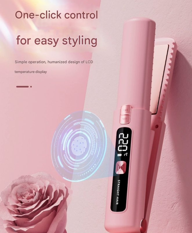 Pink Portable Two-in-One Wireless Hair Straightener and Curler with Six Temperature Settings and Intelligent Liquid Crystal Display