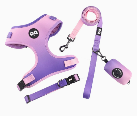 XS Purple-pink Adjustable Soft Pet Harness with Leash & Poop Bag Dispenser