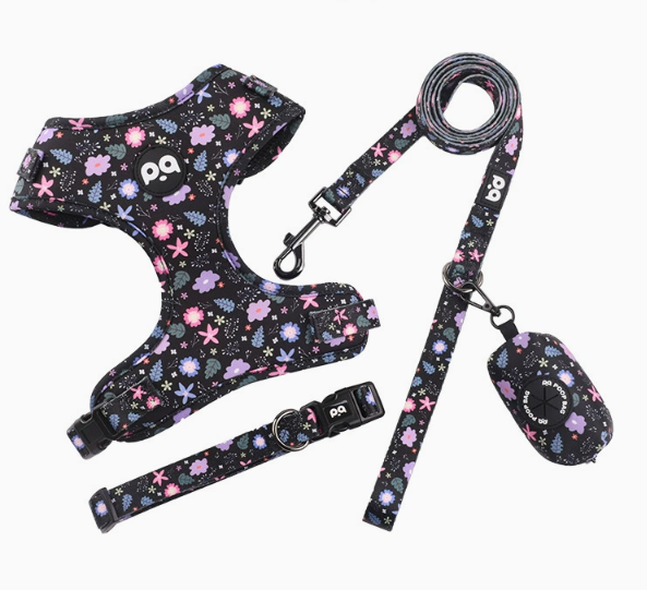 S Crushed Black Adjustable Soft Pet Harness with Leash & Poop Bag Dispenser