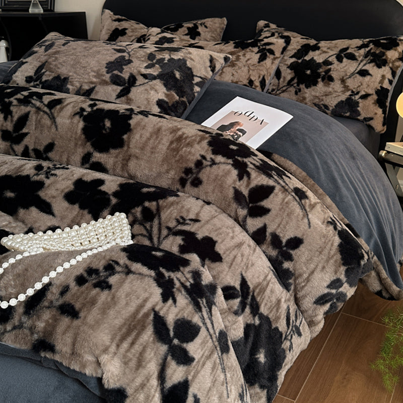 Grey Luxury Winter Faux Rabbit Fur Bedding Set - 4-Piece Melange Style Plush Set for 1.8m Beds 200x230cm Duvet Cover