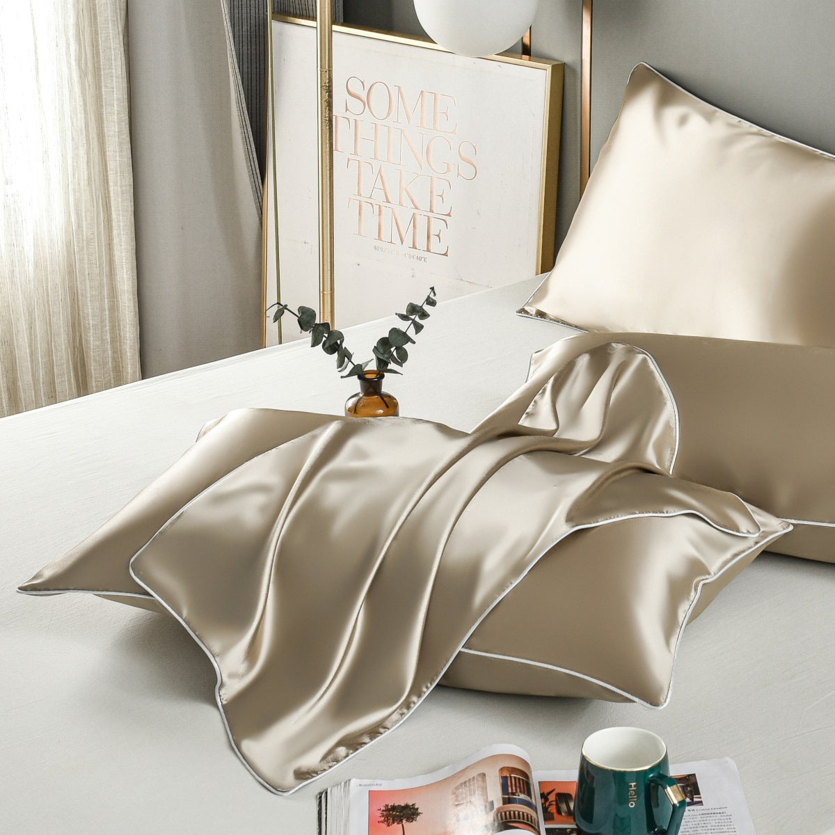 Champagne Gold Luxury Double-Sided Satin Silk Pillowcase – Summer Cooling Polyester Pillow Cover SetWithout Pillow Core