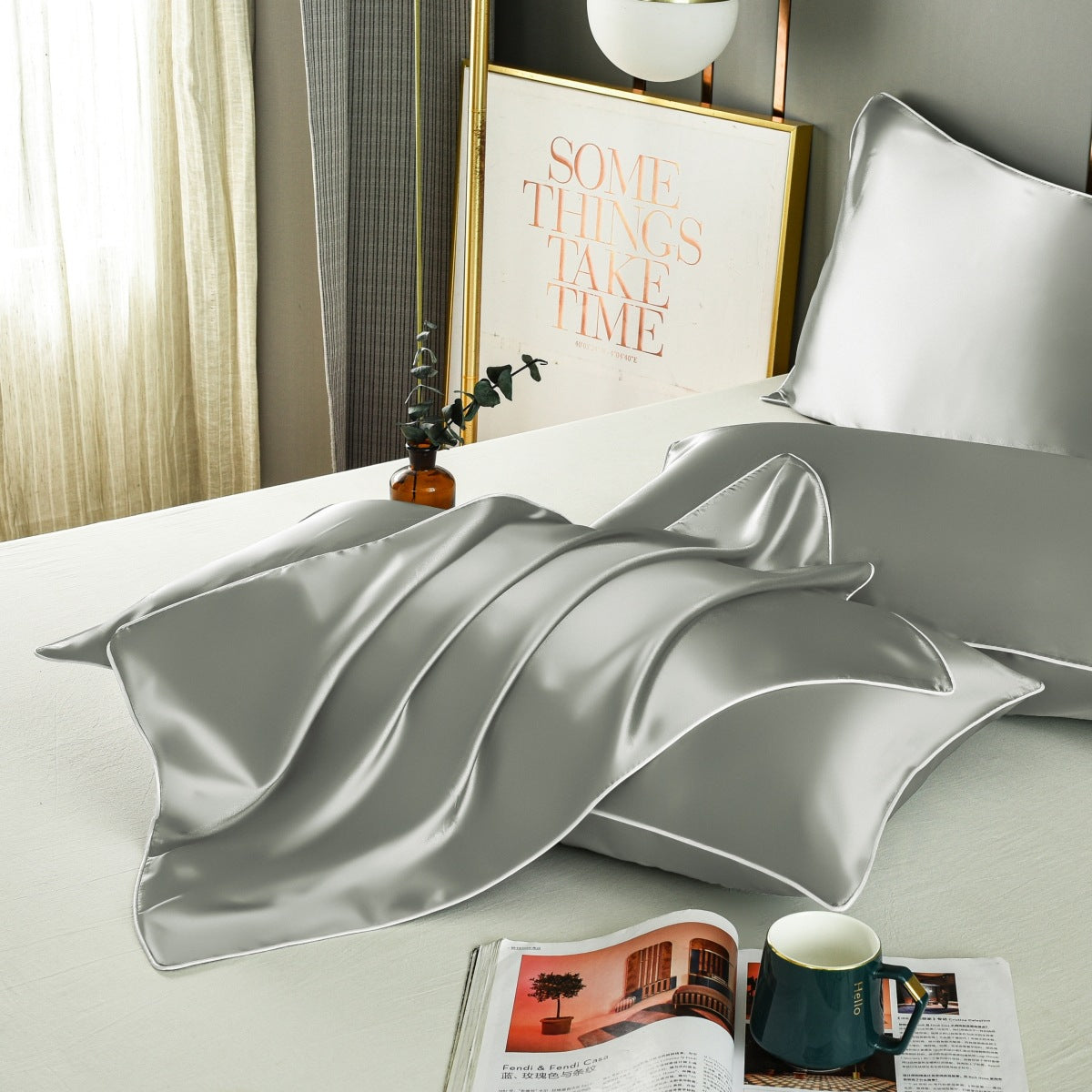 Grey Luxury Double-Sided Satin Silk Pillowcase - Summer Cooling Polyester Pillow Cover SetWithout Pillow Core