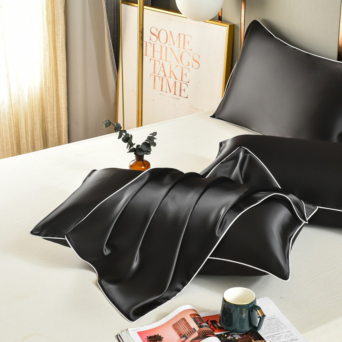 Black Luxury Double-Sided Satin Silk Pillowcase - Summer Cooling Polyester Pillow Cover SetWithout Pillow Core