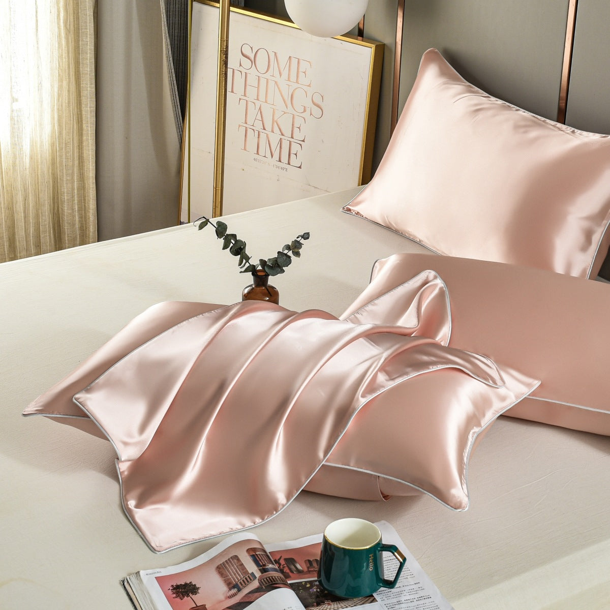 Pink Luxury Double-Sided Satin Silk Pillowcase - Summer Cooling Polyester Pillow Cover SetWithout Pillow Core